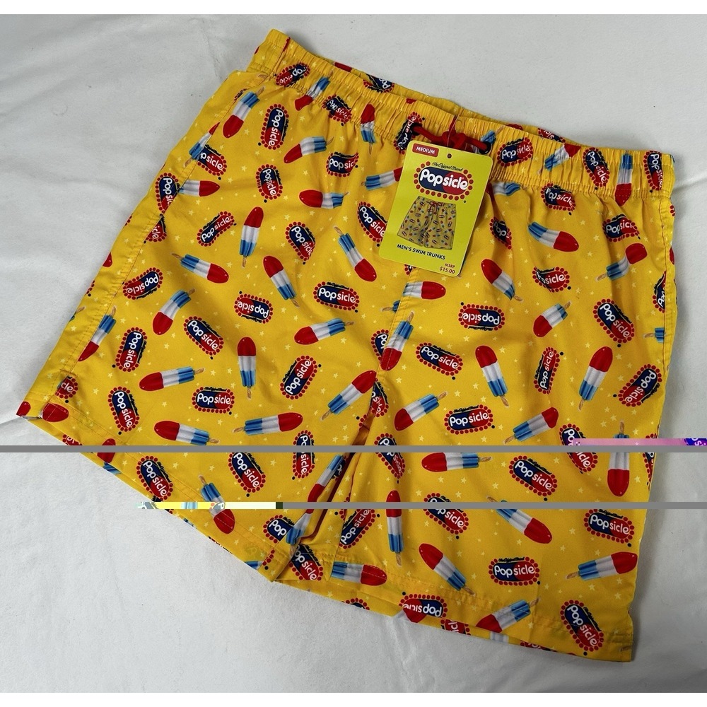 NWT Unilever Popsicle Bomb Pop Swim Trunks Shorts Mens Medium Yellow Stretch
